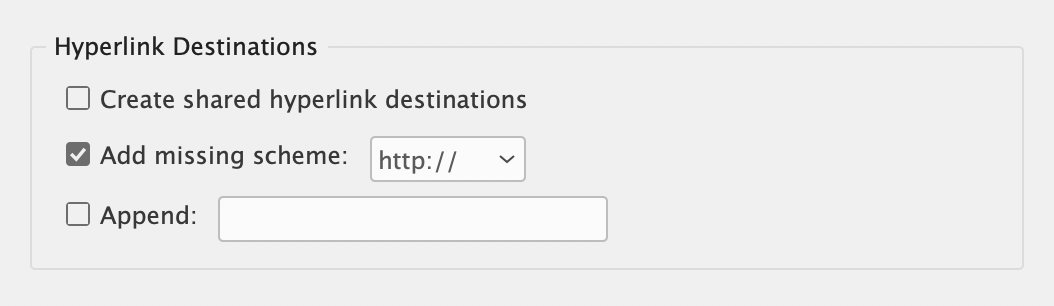 Hyperlink Destinations settings screenshot